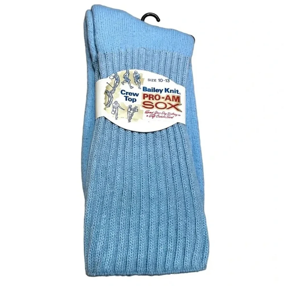 NWT Vtg Bailey Pro Am Crew Socks Size 10-13 Light Blue Cotton Nylon USA Made